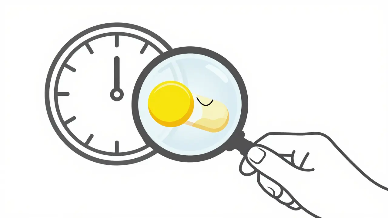 Magnifying glass showing a degrading pill and a fast-spinning clock