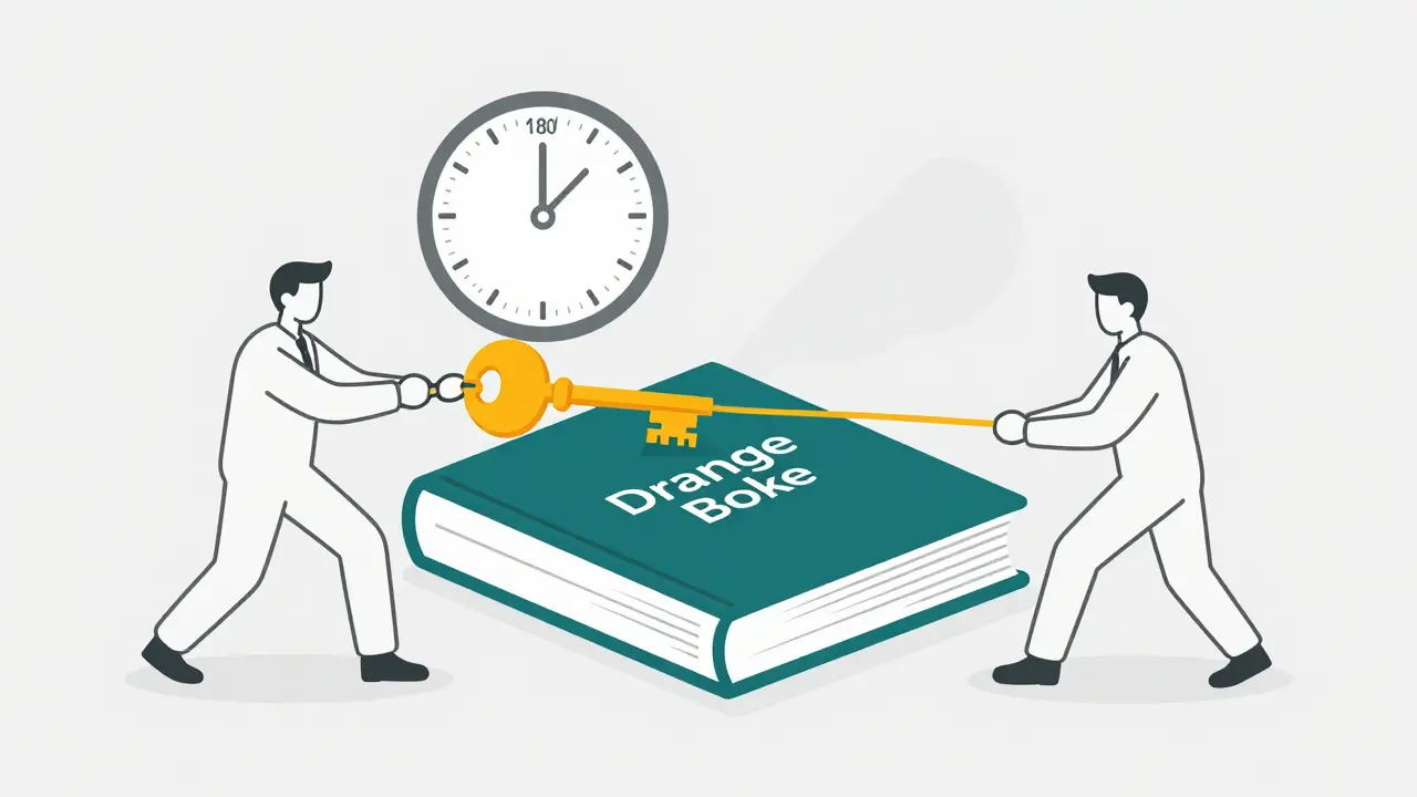 Monoline illustration of two figures competing for a patent key over the FDA Orange Book.