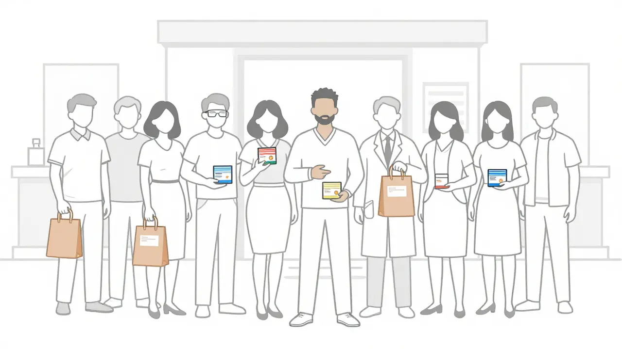 People receiving affordable prescription medicines in a clean linear sketch