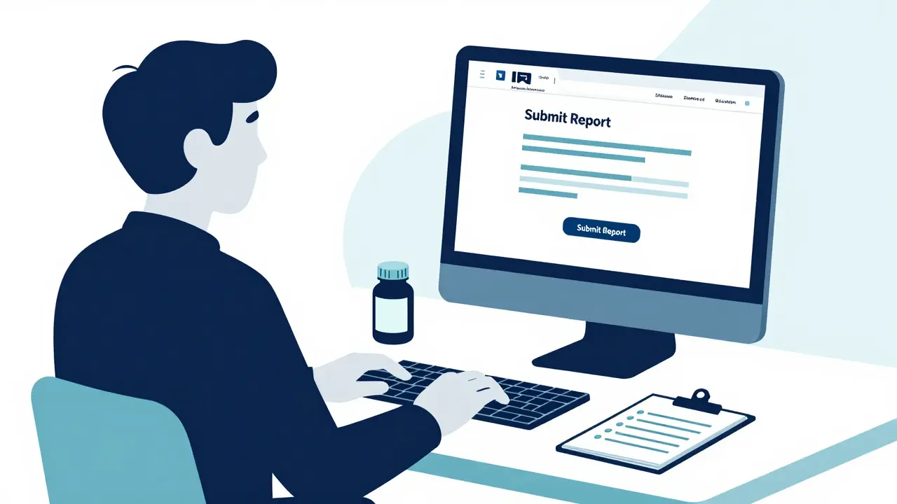 Person filling out an online medication side effect report on a computer