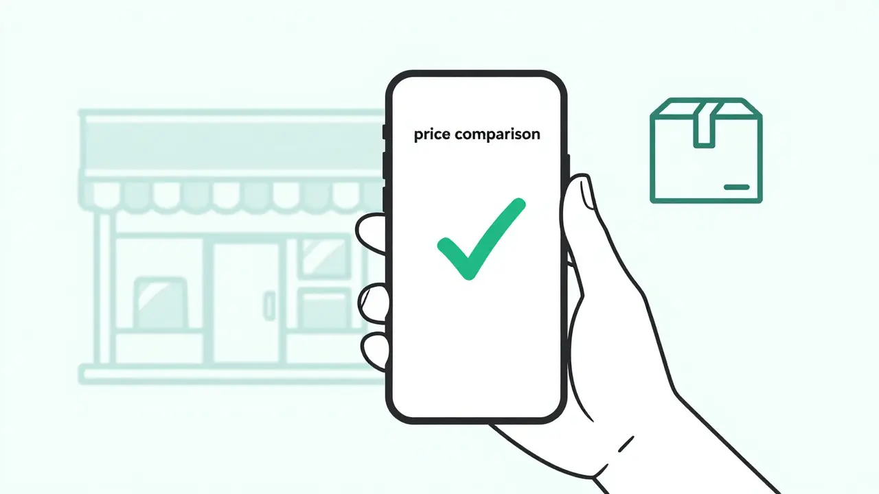 Person using a smartphone app to compare generic medicine prices for online delivery