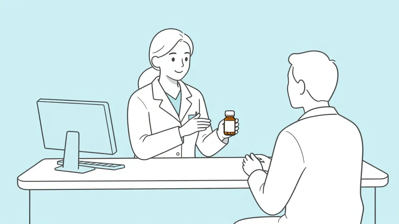 Pharmacist providing medication counseling to a patient at a counter