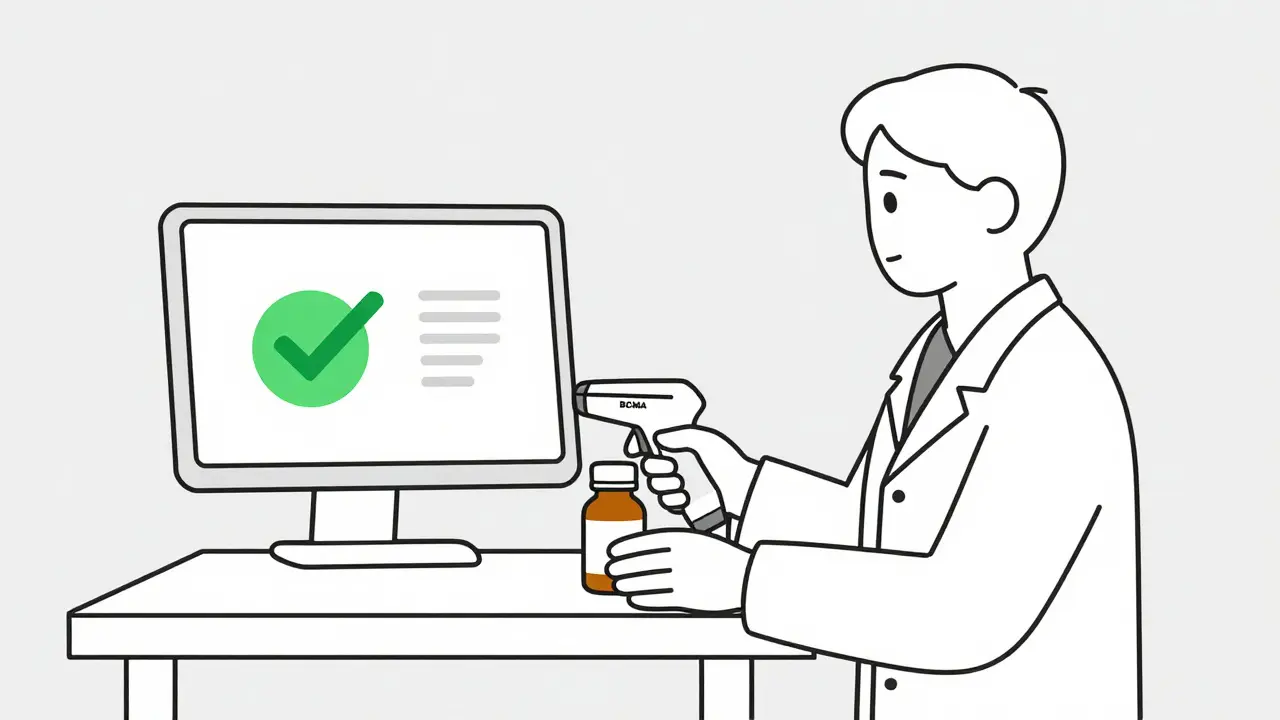 Pharmacist scanning a medication bottle with a barcode scanner