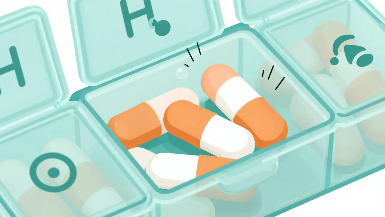 Pills interacting inside a plastic pillbox organizer monoline illustration